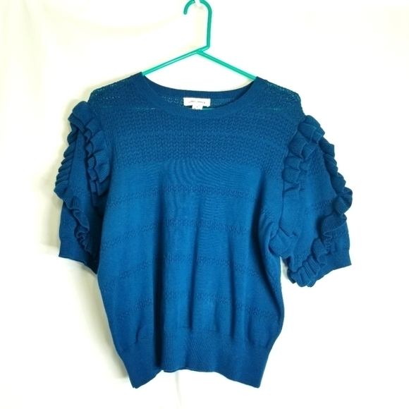 Calligraphie blue top knit with big ruffles size XL EUC look at measurements‎ - Picture 1 of 9